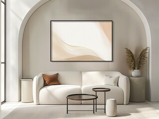 Frame mockup. Modern home living room interior mockup with sofa background. Wall poster mockup. 3D render.