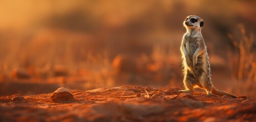 An adorable meerkat stands upright on alert, bathed in the golden glow of a desert sunrise, symbolizing vigilance and curiosity