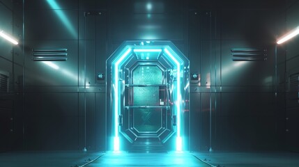 A sleek chrome vault door with a glowing holographic security lock, symbolizing the impenetrable nature of secure technology. - obrazy, fototapety, plakaty