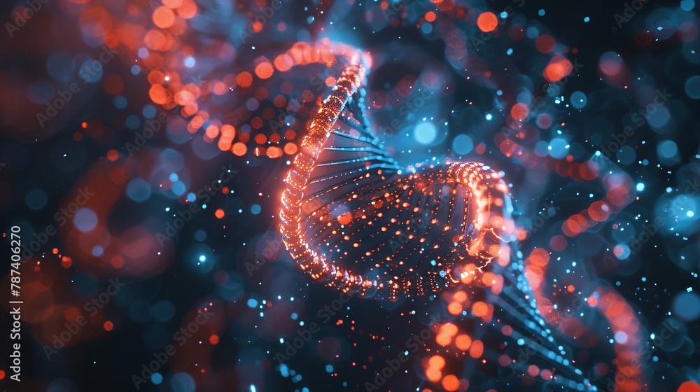 Poster a microscopic image of dna transformed into a digital circuit board, with glowing pathways represent