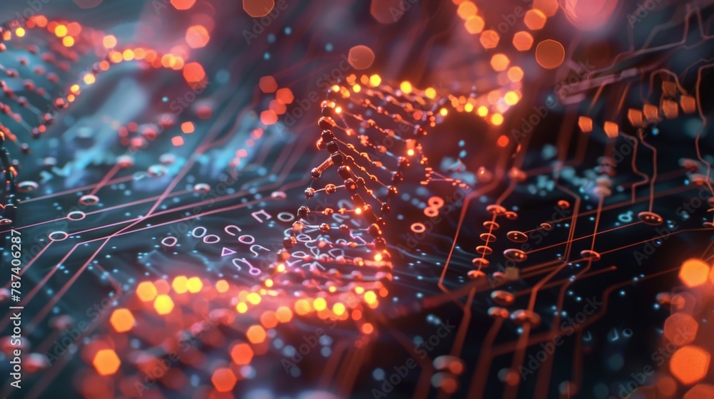 Poster a microscopic image of dna transformed into a digital circuit board, with glowing pathways represent