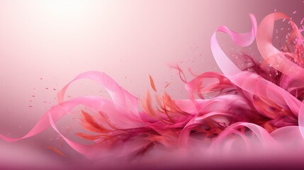 Abstract pink background with pink feathers and ribbons.