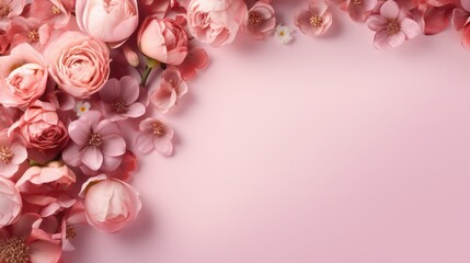 Beautiful pink flowers on pink background with copy space, flat lay
