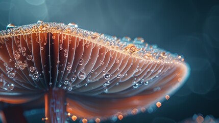 A mushroom cap, with the tiny dewdrops clinging to the surface and the intricate gills underneath. - obrazy, fototapety, plakaty