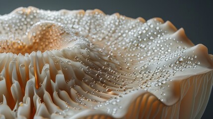 A mushroom cap, with the tiny dewdrops clinging to the surface and the intricate gills underneath.