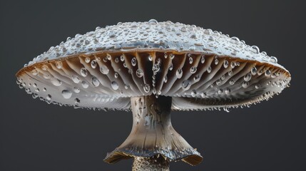 A mushroom cap, with the tiny dewdrops clinging to the surface and the intricate gills underneath. - obrazy, fototapety, plakaty