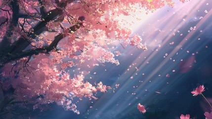 Blooming cherry blossoms under the sun s rays