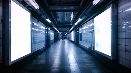 Indoor outdoor city light mall shop template Blank billboard mock up in a subway station underground interior Urban light box inside advertisement metro airport vertical : Generative AI