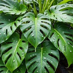 Green leaves of Monstera Deliciosa plant with rain drops. AI generated
