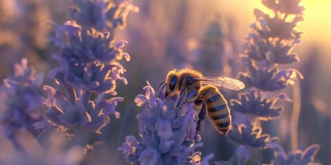 A macro shot captures the intricate details of a bee pollinating vibrant lavender flowers with sunset light - obrazy, fototapety, plakaty