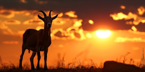 The silhouette of a lone goat stands out against a dramatic sunset sky, evoking a sense of peace and wilderness