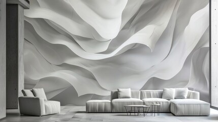 A monochromatic interior is brought to life with an abstract threedimensional wall mural. The mural depicts overlapping organic shapes in varying shades of grey that appear to be moving . - obrazy, fototapety, plakaty