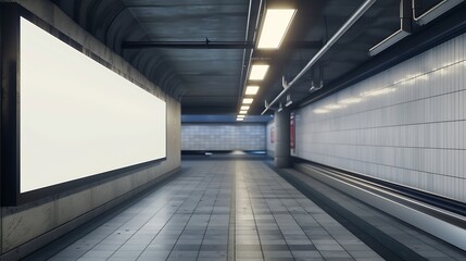 Obraz premium Large panoramic billboard on underground subway Mockup Hoarding advertising hanging on train station wall interior 3D rendering : Generative AI