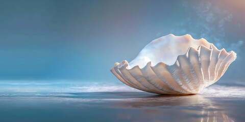 Obraz na płótnie Canvas A pristine seashell on a sandy shore with misty waves lapping gently in a serene and dreamy coastal scene