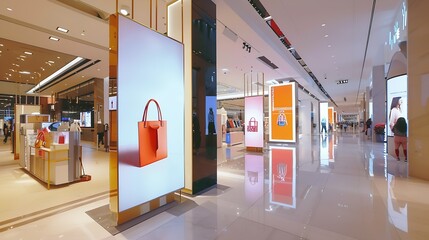 Vertical LED TV Screen at Front of fashion bags store in Shopping Mall Perfect for showcasing your logo and branding : Generative AI