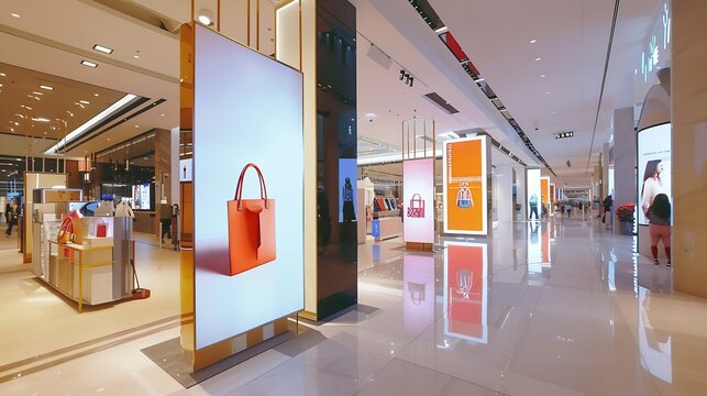 Vertical LED TV Screen at Front of fashion bags store in Shopping Mall Perfect for showcasing your logo and branding : Generative AI