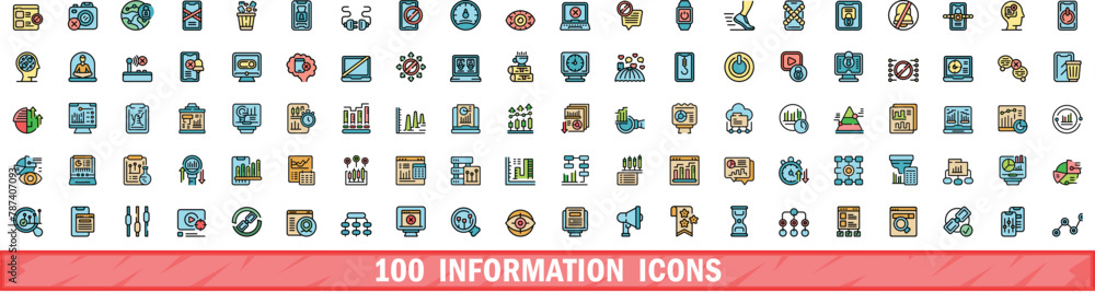Poster 100 information icons set. color line set of information vector icons thin line color flat on white