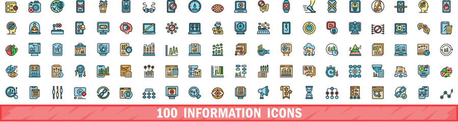 100 information icons set. Color line set of information vector icons thin line color flat on white