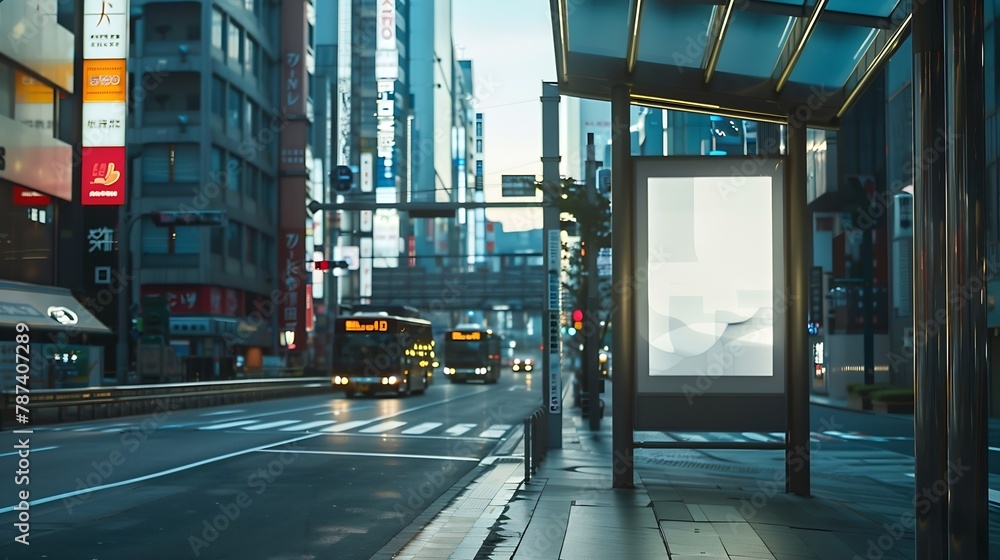 Aufkleber white blank vertical billboard at the bus stop on the city street in the background of buses and roa
