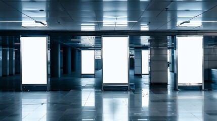 Five empty vertical posters mockups glowing with a LED neon light in an airport terminal a group of blank banners templates in a corridor of a shopping mall mockups of 5 indoor billboa : Generative AI