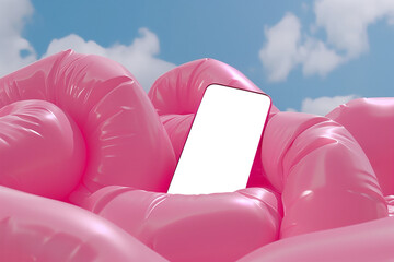 Smartphone mockup on pink inflatable background. Mobile phone with blank screen. App advertising mockup