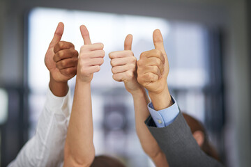 Business people, hand and thumbs up for teamwork agreement or collaboration, deal or corporate....