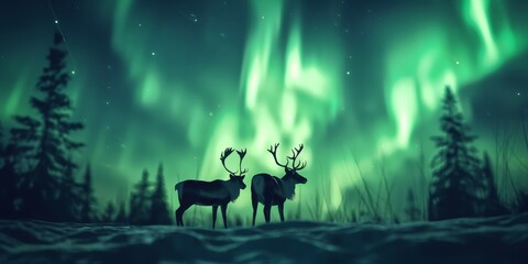 Ethereal night scene with reindeer silhouettes under the breathtaking aurora borealis in a snowy winter landscape