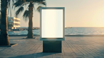 Blank billboard mock up in a sidewalk next to the sea : Generative AI