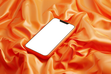 Smartphone mockup on orange cloth background. Mobile phone with blank screen on fabric folds. App advertising mockup