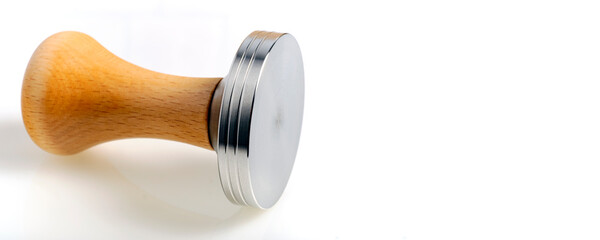 Professional coffee tamper with wooden handle on a white background, space for text