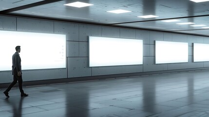 European businessman walking past two empty white banners in underground corridor Mock up : Generative AI