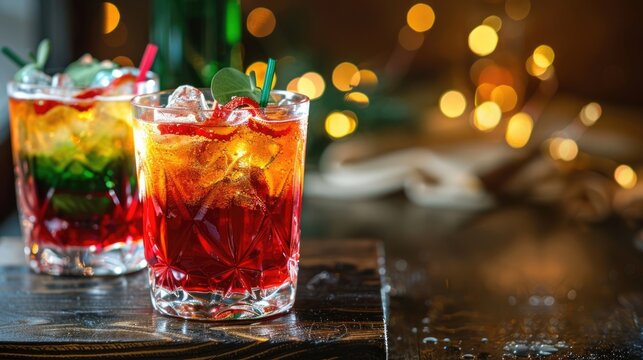 horizontal banner, Republic Day in Italy, alcoholic cocktails with ice, bokeh effect, colors of the flag of Italy, dark background, copy space, free space for text