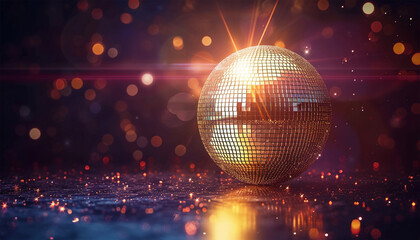 Disco ball on disco dance floor. Retro party scene. colorful 70s background. disco background with...