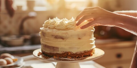 A close-up shot capturing the intricate process of hand decorating a cream layered cake in a home kitchen setting