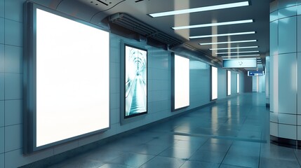 Two indoor outdoor city light mall shop template Blank billboard mock up in a subway station underground interior Urban light box inside advertisement metro airport vertical : Generative AI - obrazy, fototapety, plakaty