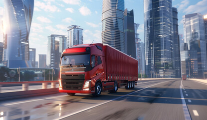 Modern red truck in highway traffic, urban background, speed blurred lights 