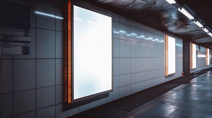 2 blank vertical advertising banners posters mockup in underground tunnel walkway outofhome OOH...