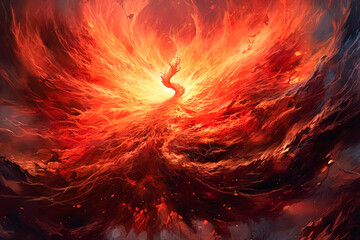 A red bird with flames on its wings flying through a rocky landscape.