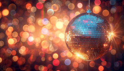 Disco ball on disco dance floor. Retro party scene. colorful 70s background. disco background with disco balls in purple and gold lighting. Dance,party,festive music concept