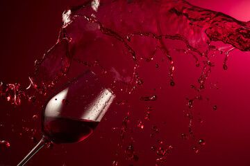 Glass and red wine splash on a dark red background.