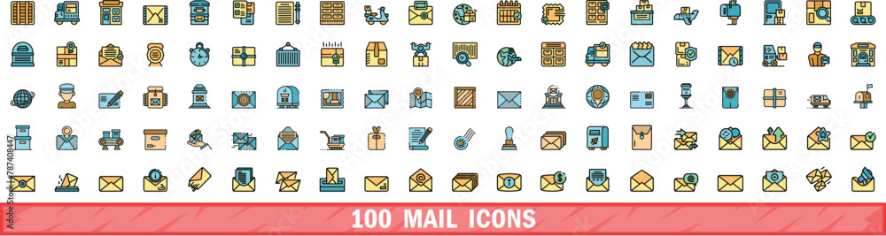 Aufkleber 100 mail icons set. color line set of mail vector icons thin line color flat on white