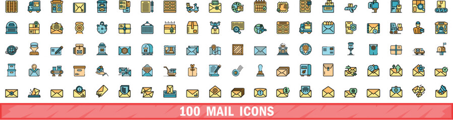 100 mail icons set. Color line set of mail vector icons thin line color flat on white