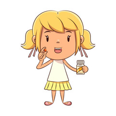 Girl taking vitamins, holding, supplement, pill, bottle
