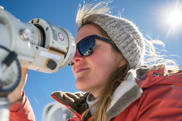 Under the bright sun, a woman in outdoor attire meticulously operates a theodolite, engaged in precise scientific measurement - obrazy, fototapety, plakaty