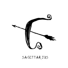 Sagittarius zodiac sign, quirky horoscope icon, hand drawn vector illustration, black line art, tattoo design - 787408600