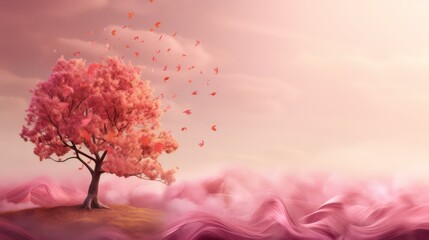 Abstract pink background with pink feathers and ribbons and pink tree with sunlight