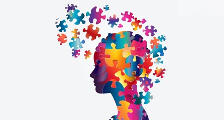 Alzheimer, dementia, epilepsy and autism concept. Neurological disease with memory loss and confused mind. Silhouette of a human head made of colorful jigsaw puzzle pieces. Mental health awareness.
