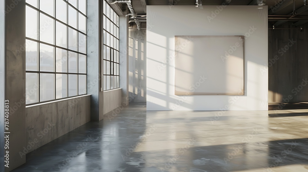 Poster blank poster in light modern loft gallery with big windows and concrete floor mock up 3d render : ge