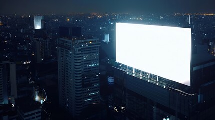 Blank white billboard on the top of building at night city background mock up : Generative AI
