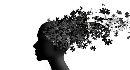 Alzheimer, dementia, epilepsy and autism concept. Neurological disease with memory loss and confused mind. Silhouette of a human head made of black jigsaw puzzle pieces. Mental health awareness.